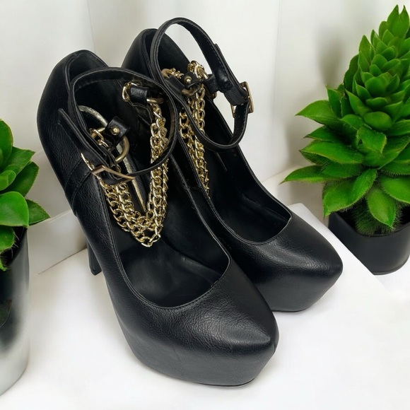 Black With Gold Ankle Chain Platform Pumps - Picture 3 of 4